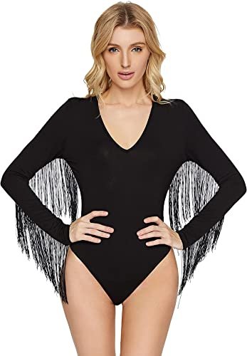 Women's Fringe Trim V Neck Long Sleeve Bodysuit