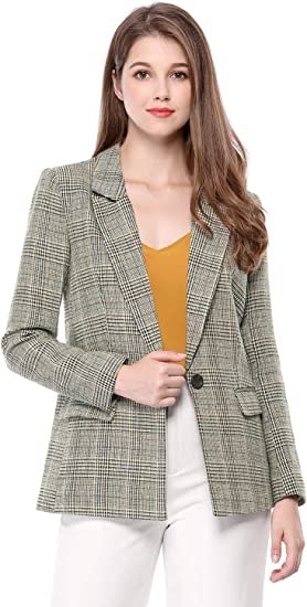 Women's Plaid Notched Lapel One Button Houndstooth Blazer Jacket
