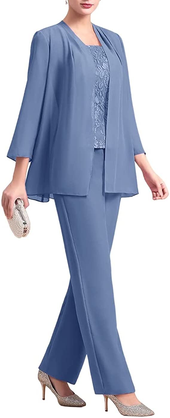 Women's Chiffon 3 Pcs Pants Suits Lace Mother of Bride Dress Sets Wedding Guest Formal Evening