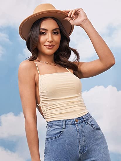 Women's Crisscross Tie Backless Mesh Cami Bodysuit